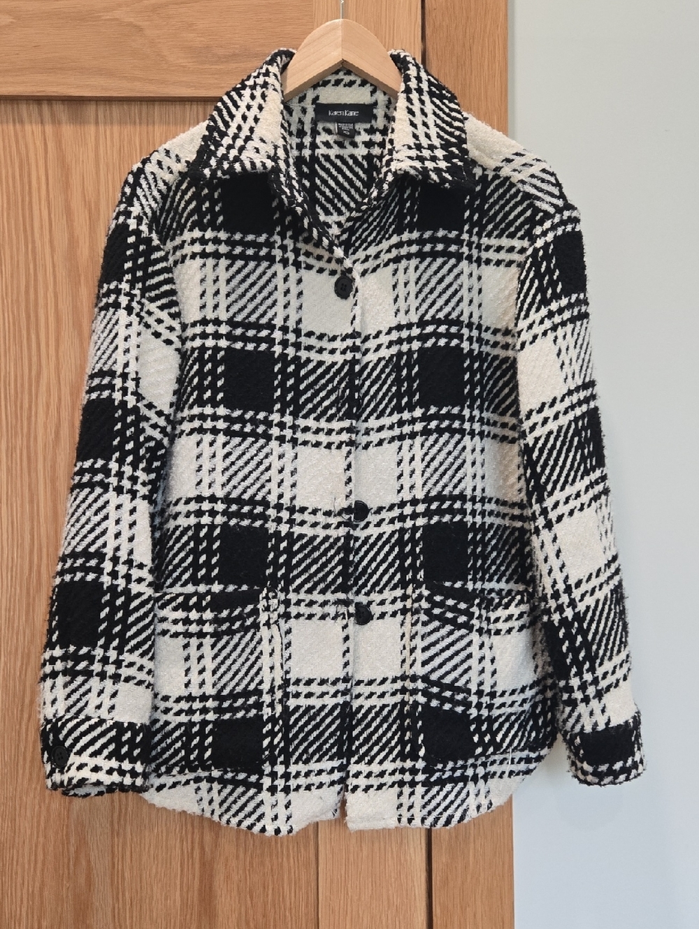 Karen Kane Black & White Plaid Teddy Pea Coat